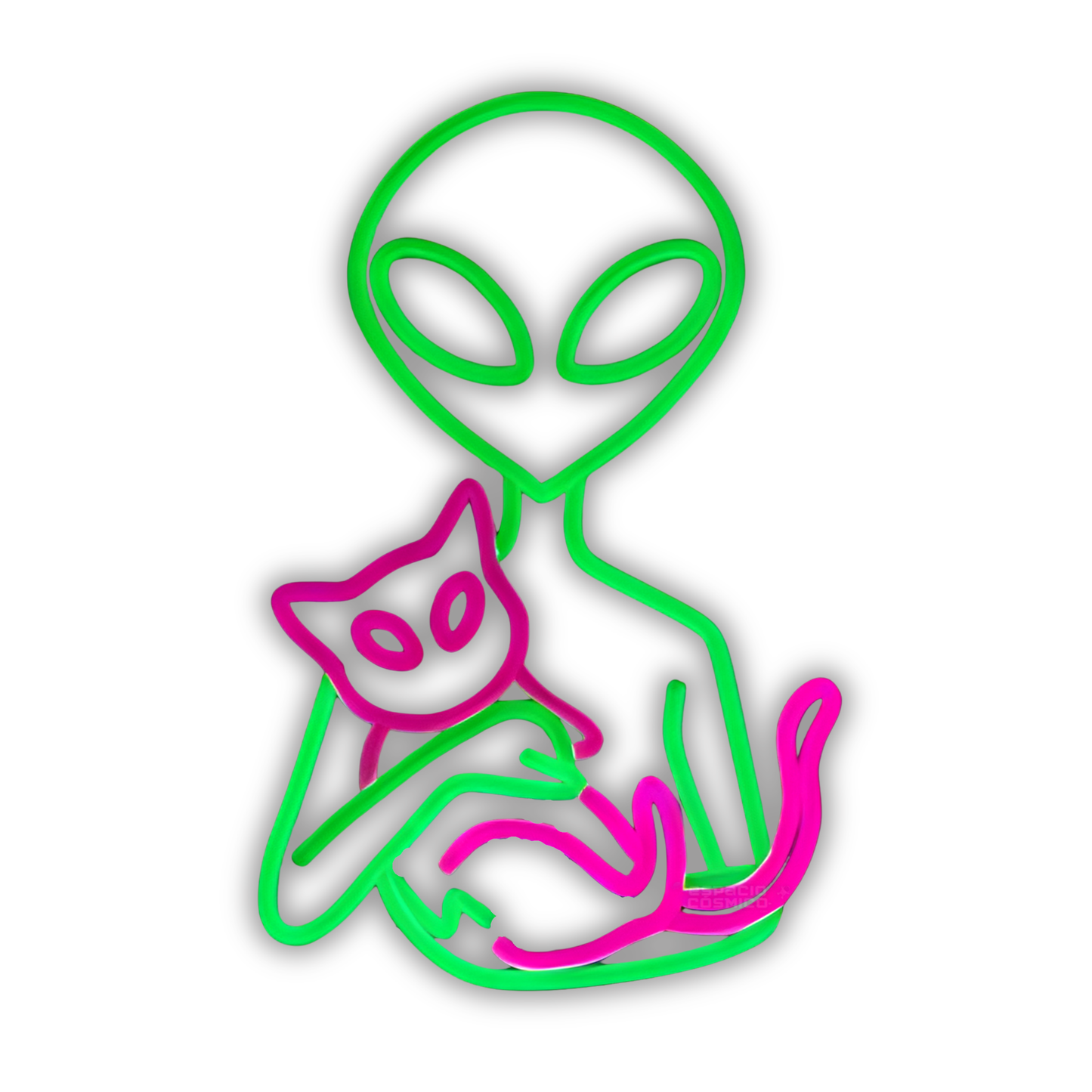 Neon LED sign shaped like a green alien holding a pink cat, glowing softly. Cozy and futuristic lighting decor.