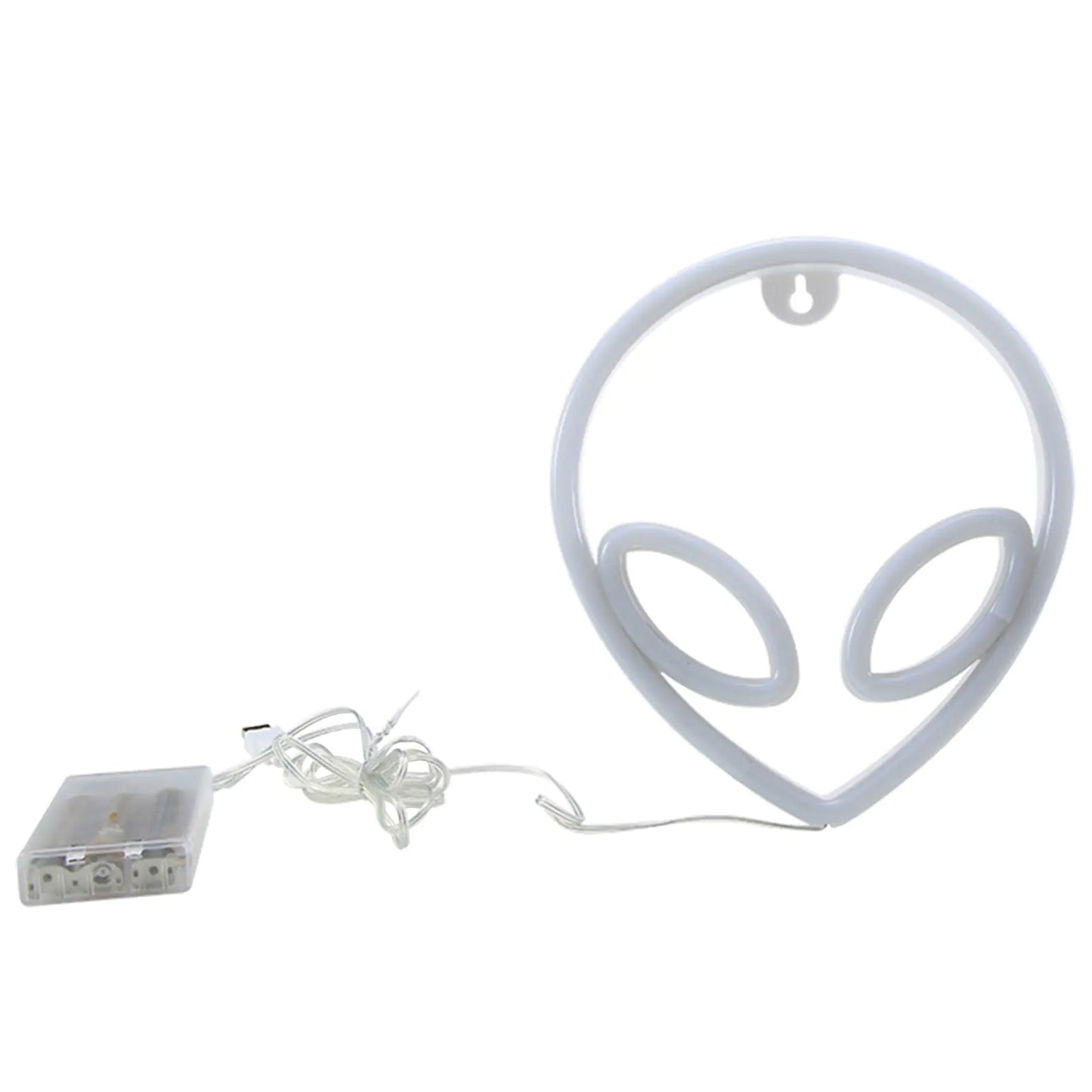 Detalle de conexión USB y uso con pilas de la luz LED alien – fácil de instalar y portátil / Neon alien light with USB and battery option – portable and easy to set up