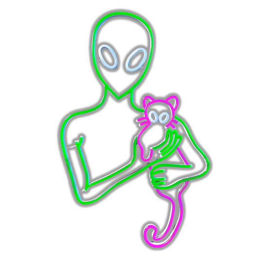 Cute neon LED light, green alien and pink cat, perfect for galactic room decor.