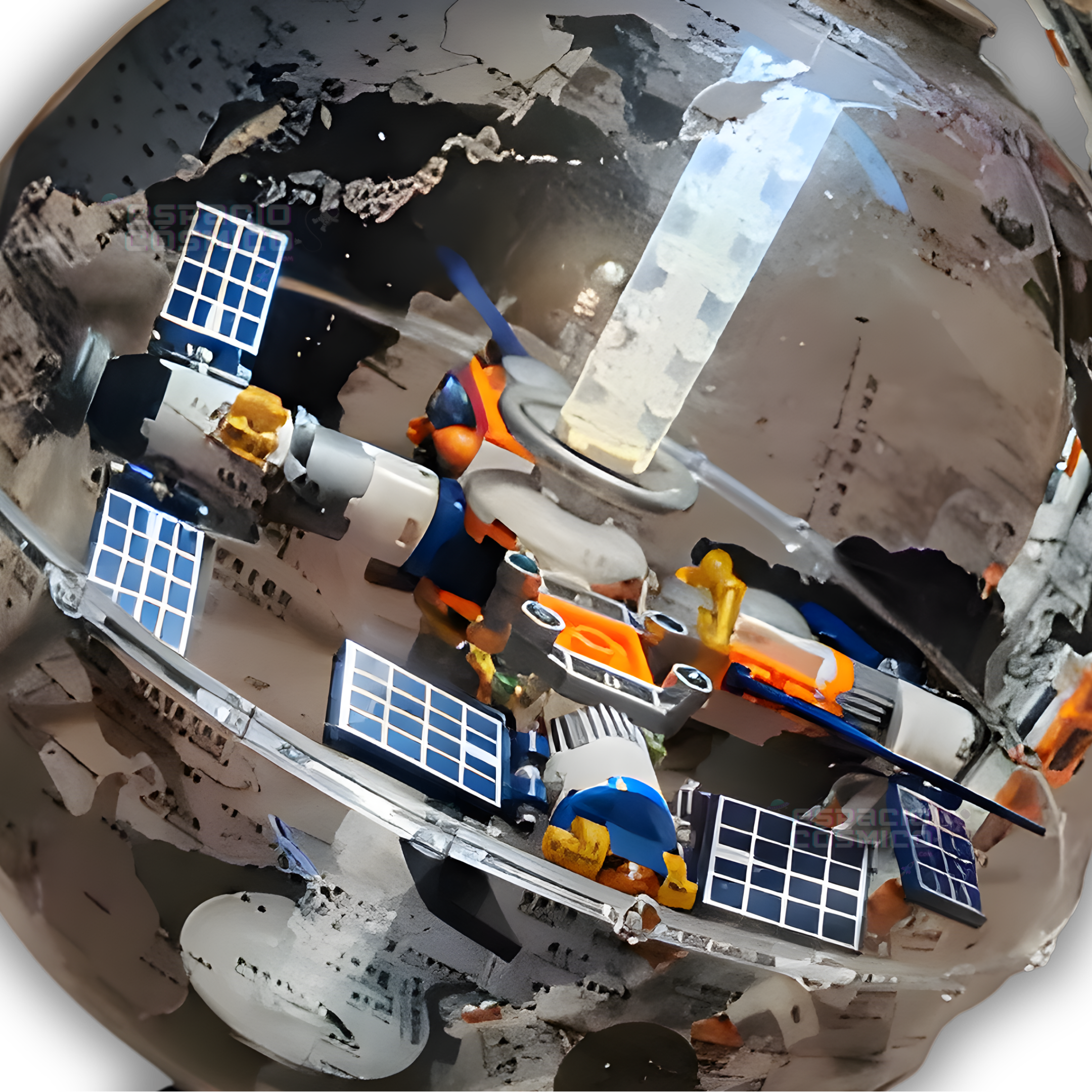 Close-up of the interior space station detail inside the globe building blocks set