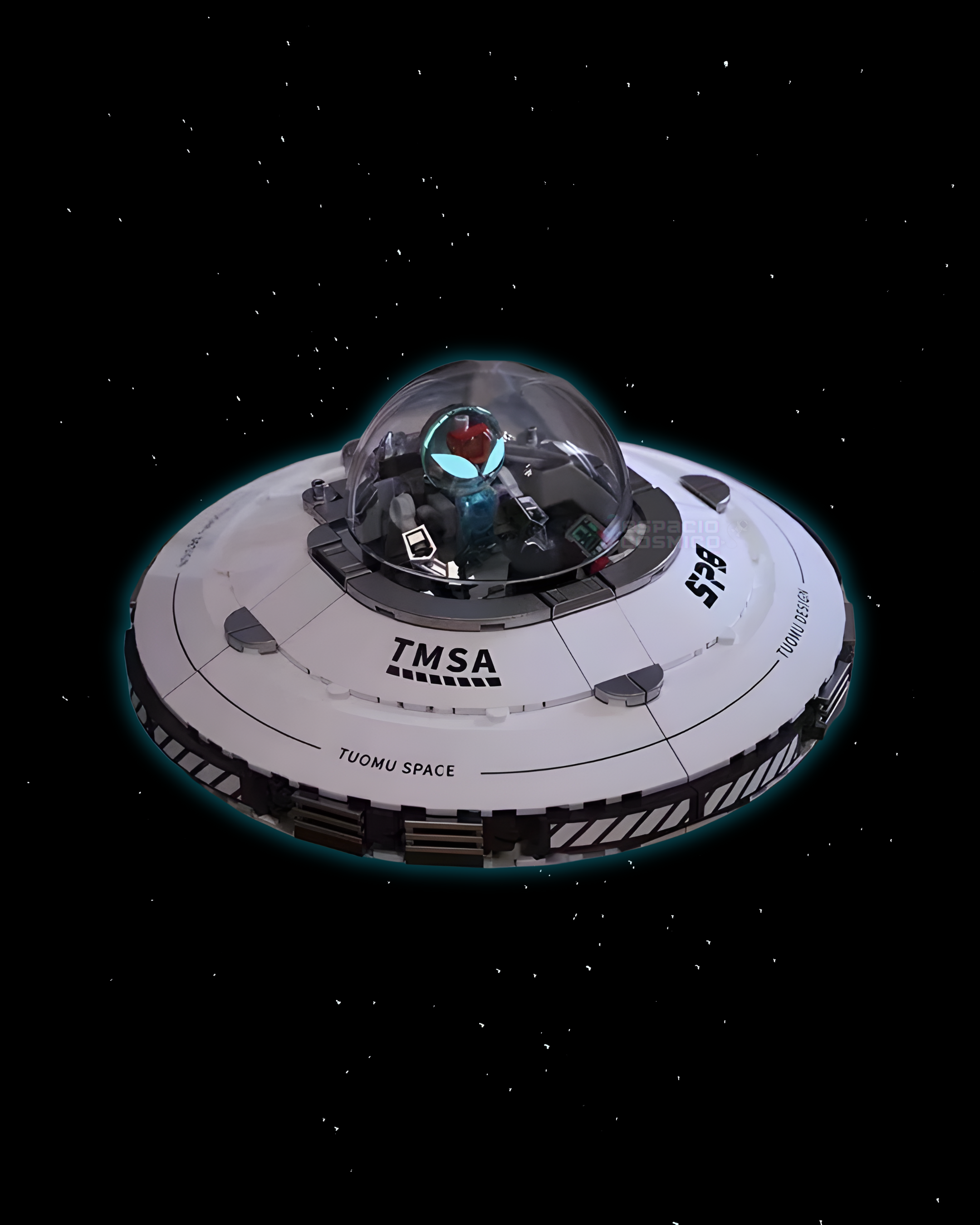 Featured building blocks UFO set with glowing cyan accents, product name, price, and images