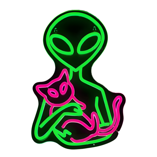 Alien cat neon light turned on, front view, playful space-themed decorative light
