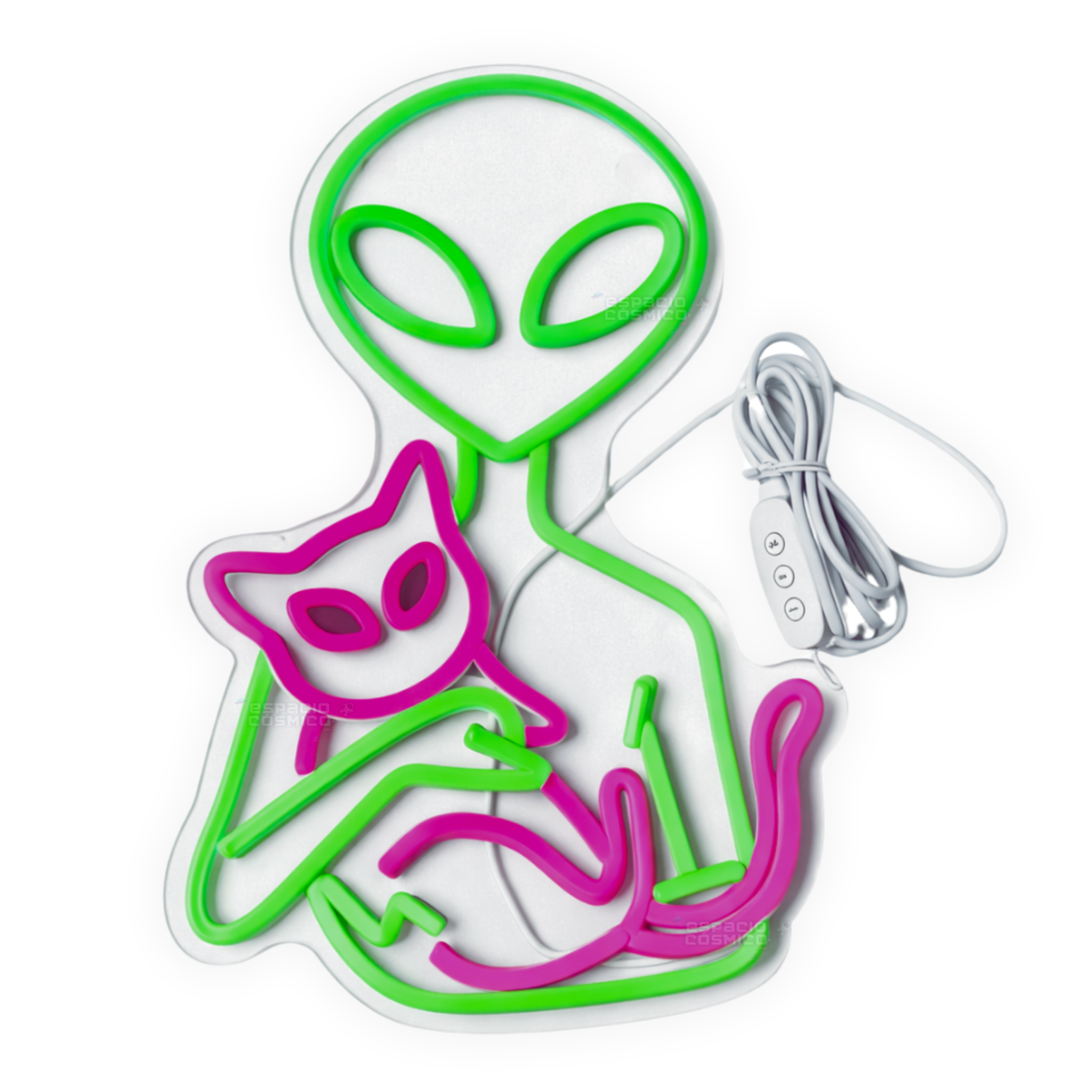 Alien cat neon light turned off with USB cable visible, power connection detail