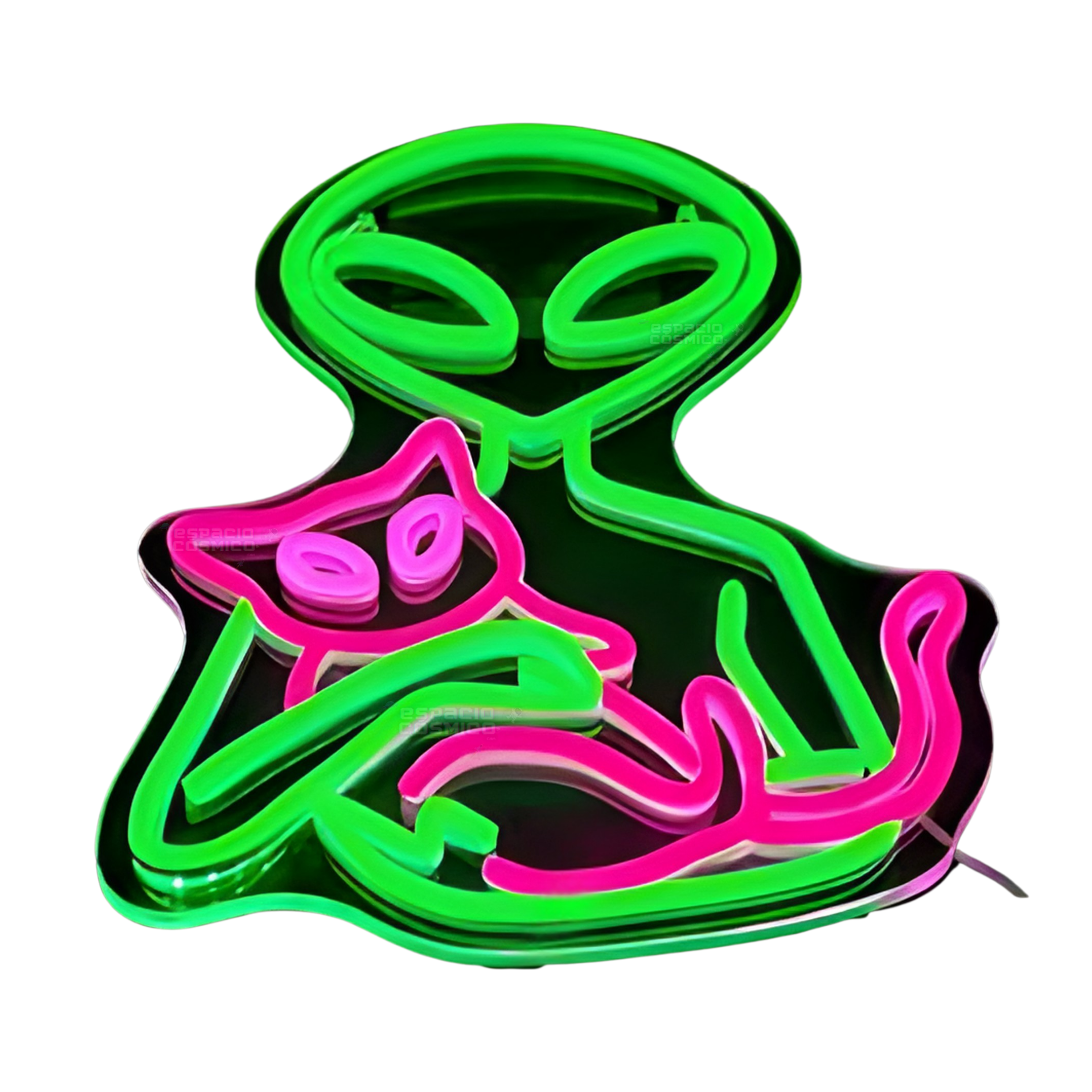Alien cat neon light viewed from below in a reclined position, acrylic and light detail