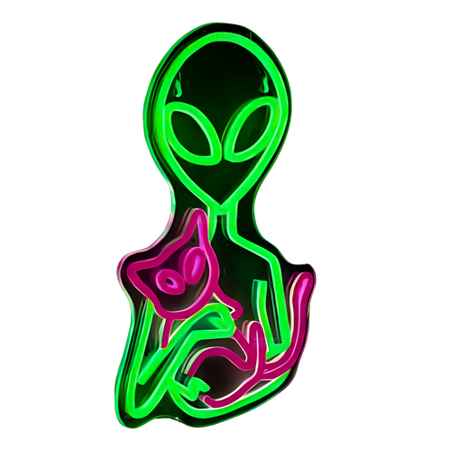 Alien cat neon light viewed from the side, profile of the decorative design