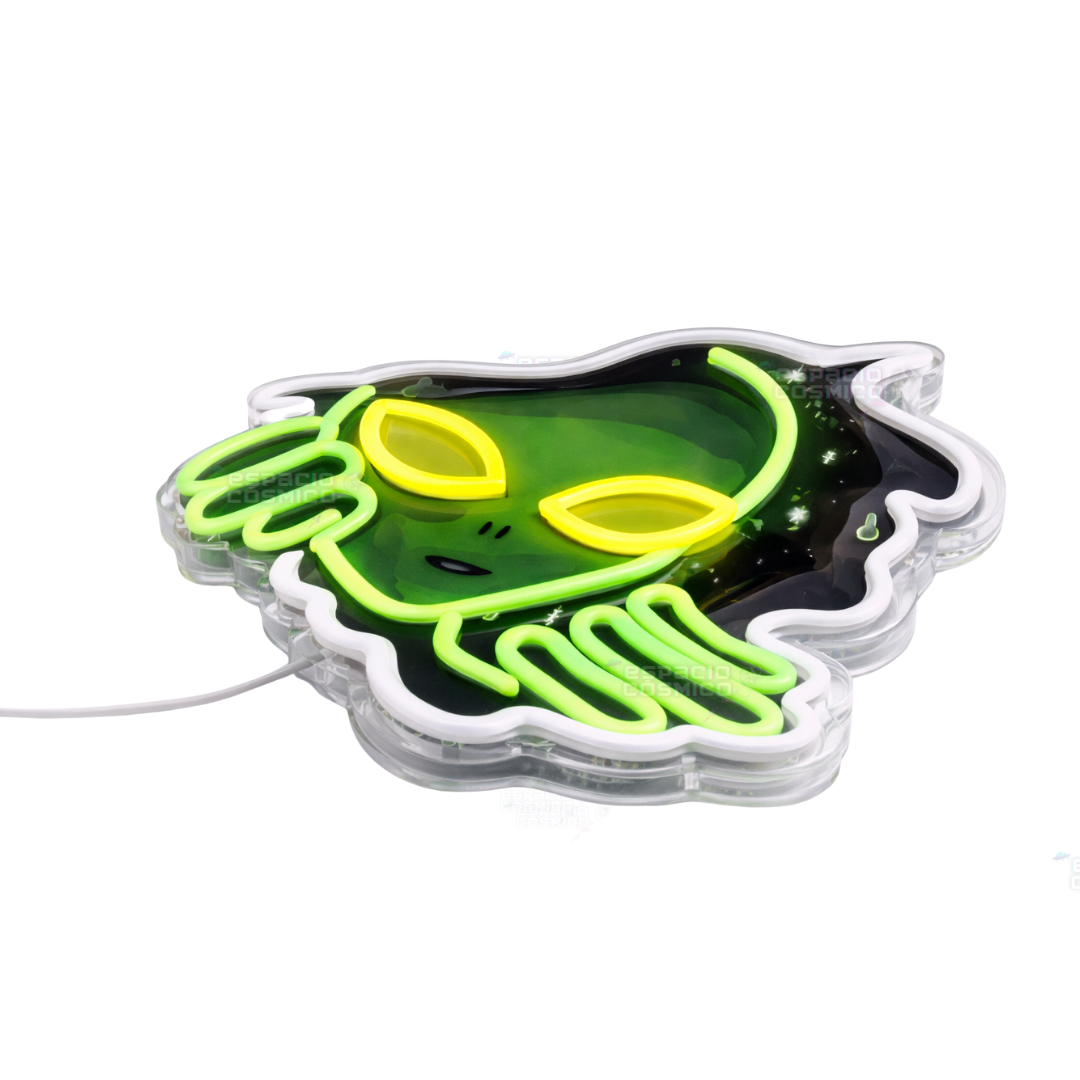 Alien portal neon light viewed from the right side, decorative cosmic structure