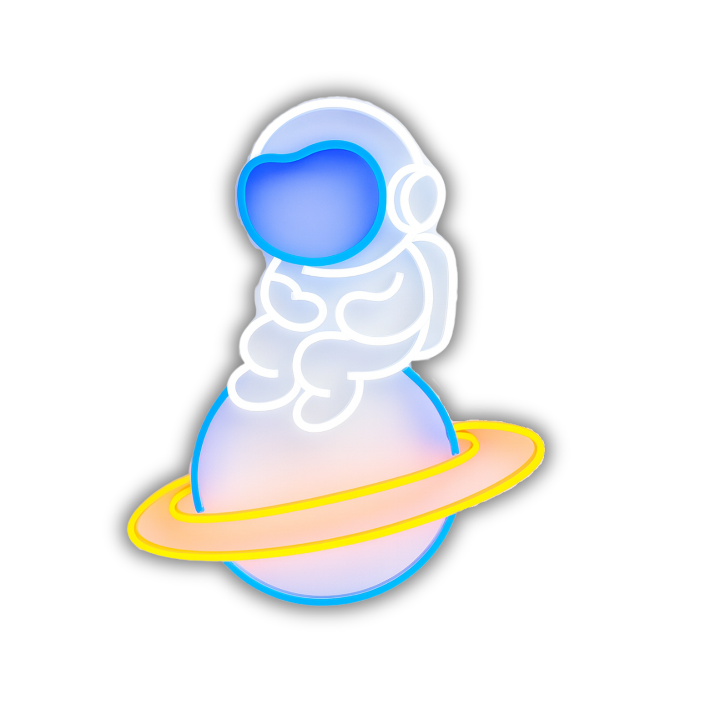 Cute astronaut sitting on a glowing planet LED neon sign, creating a dreamy and magical space-inspired atmosphere.