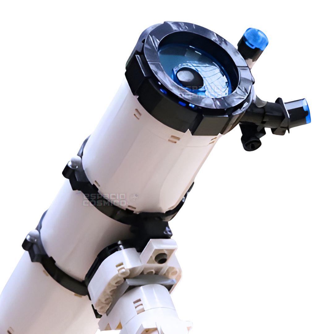 Close-up of the telescope lens pointing upward, viewed from the left side