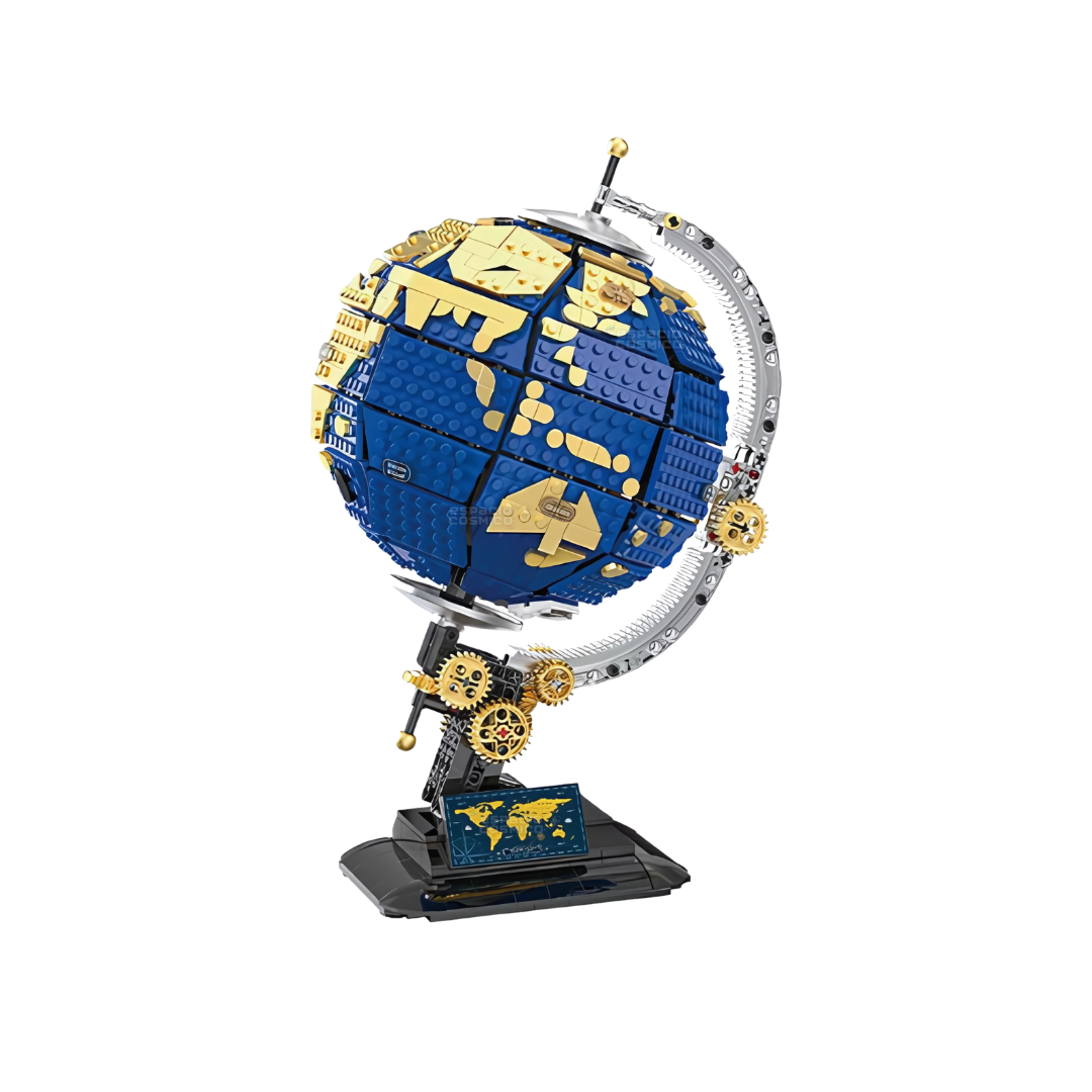 Earth building blocks set fully assembled, front view of planet Earth model