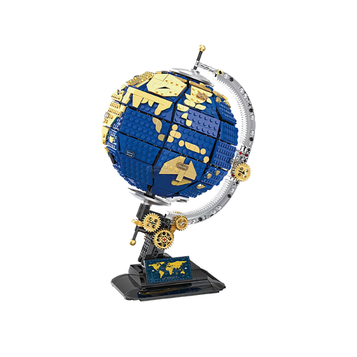 Earth building blocks set fully assembled, front view of planet Earth model