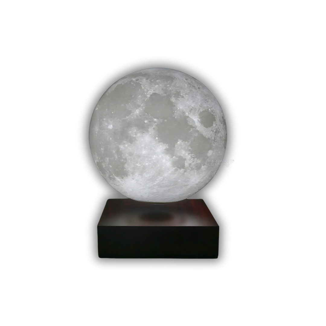 Floating Moon Lamp levitating above its magnetic base with soft ambient LED light