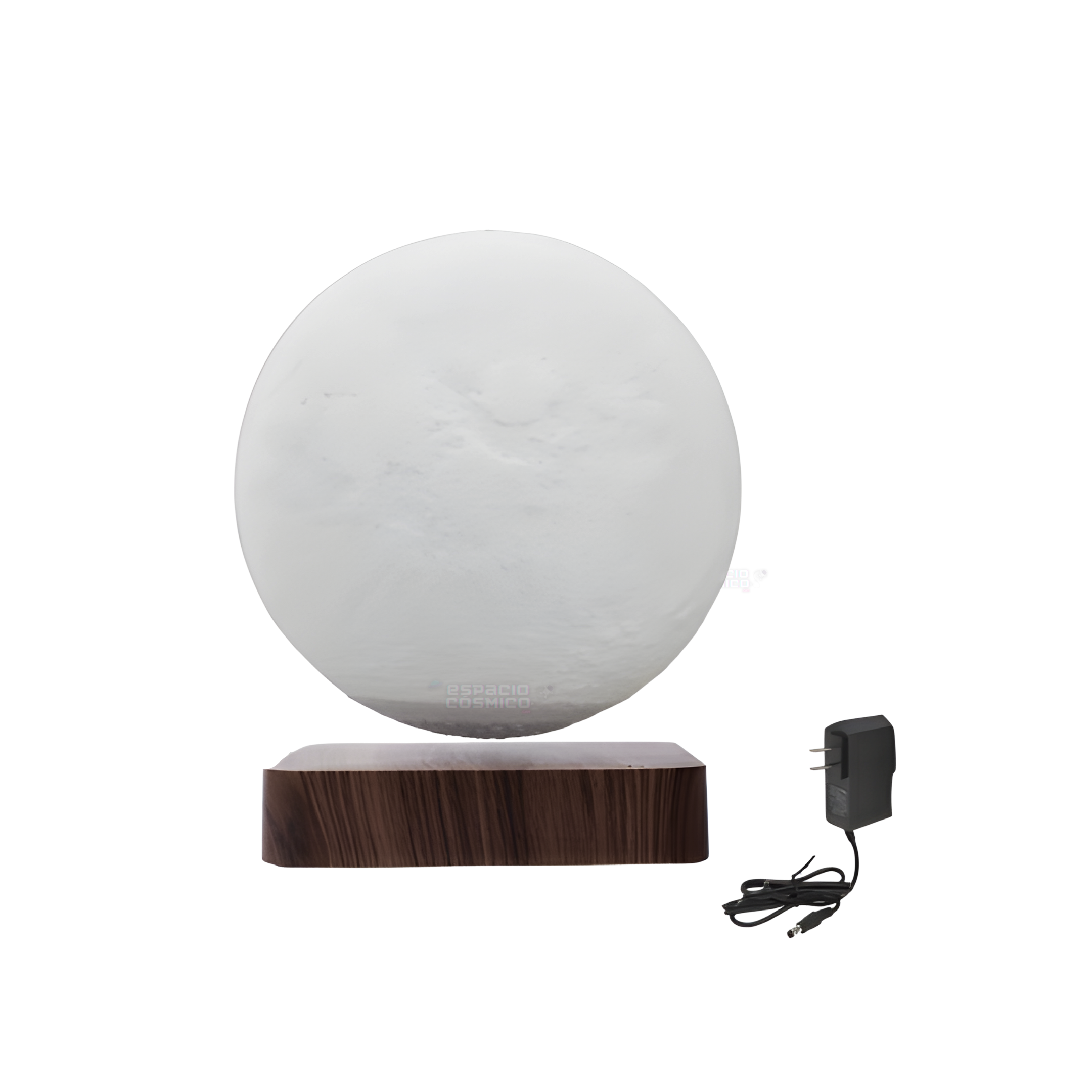 Floating Moon Lamp levitating without light, shown with power cable and magnetic base