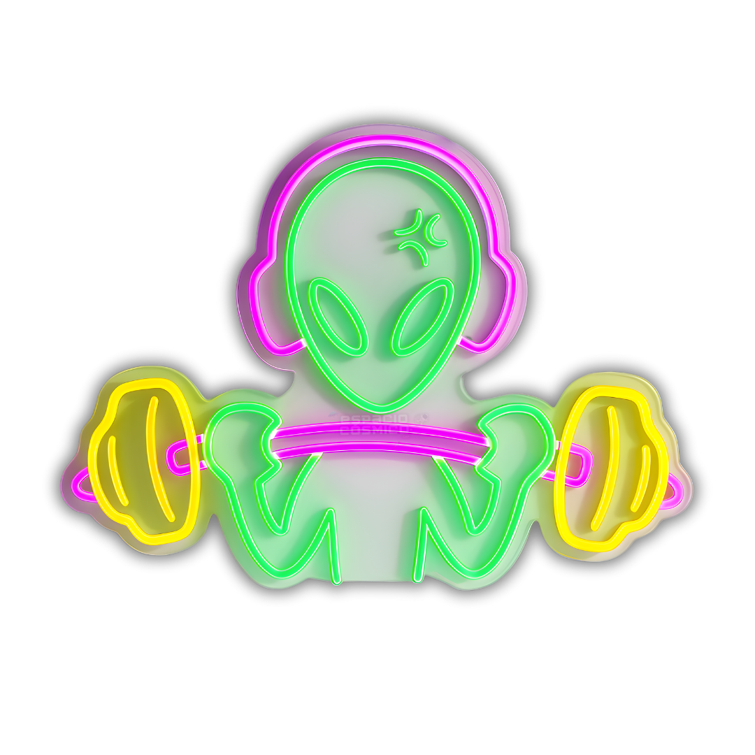 Gymrat alien neon light turned on, front view, futuristic decorative neon light