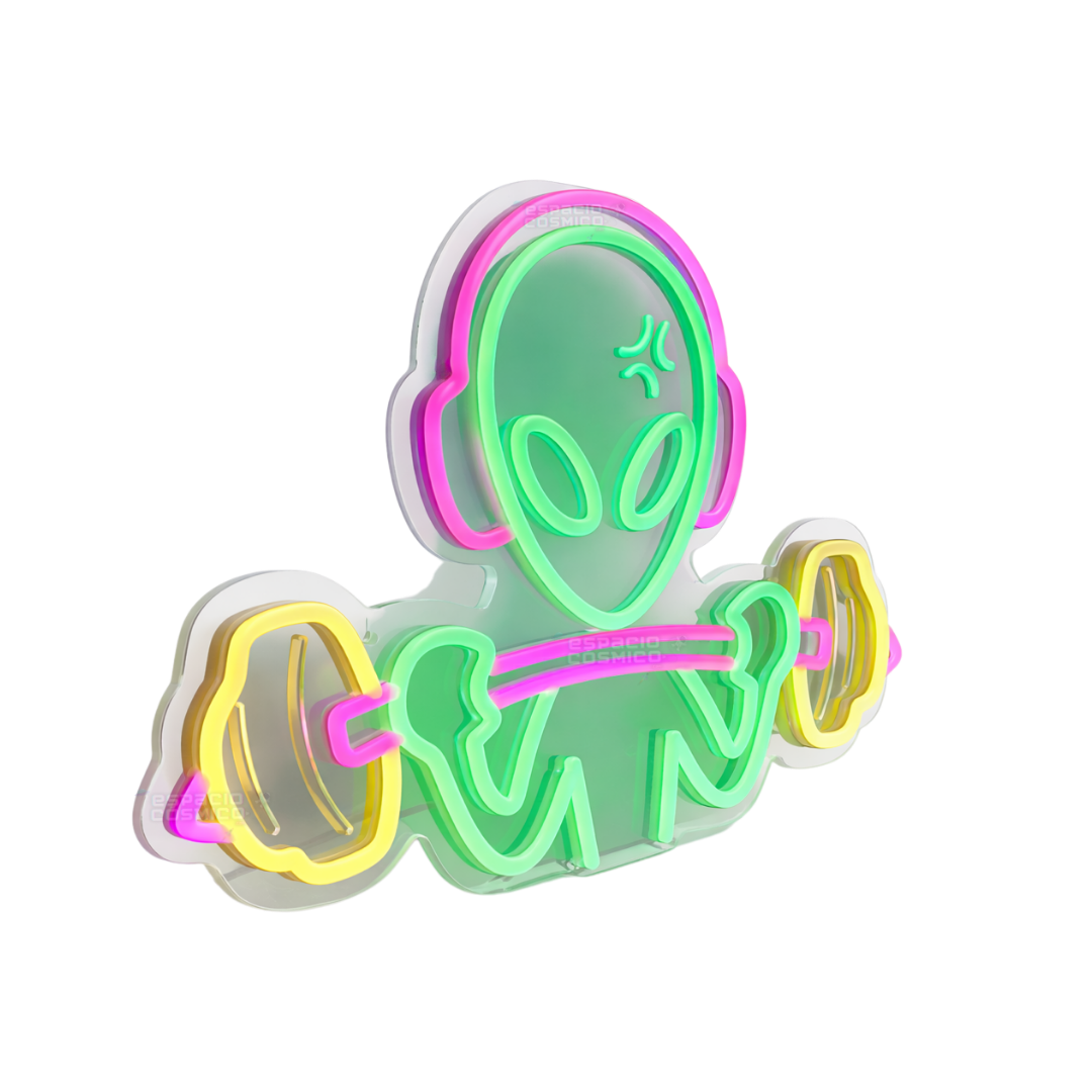 Gymrat alien neon light viewed from the side, showing shape and neon contours