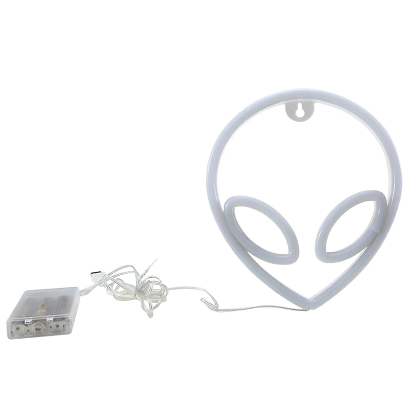 Detalle de conexión USB y uso con pilas de la luz LED alien – fácil de instalar y portátil / Neon alien light with USB and battery option – portable and easy to set up