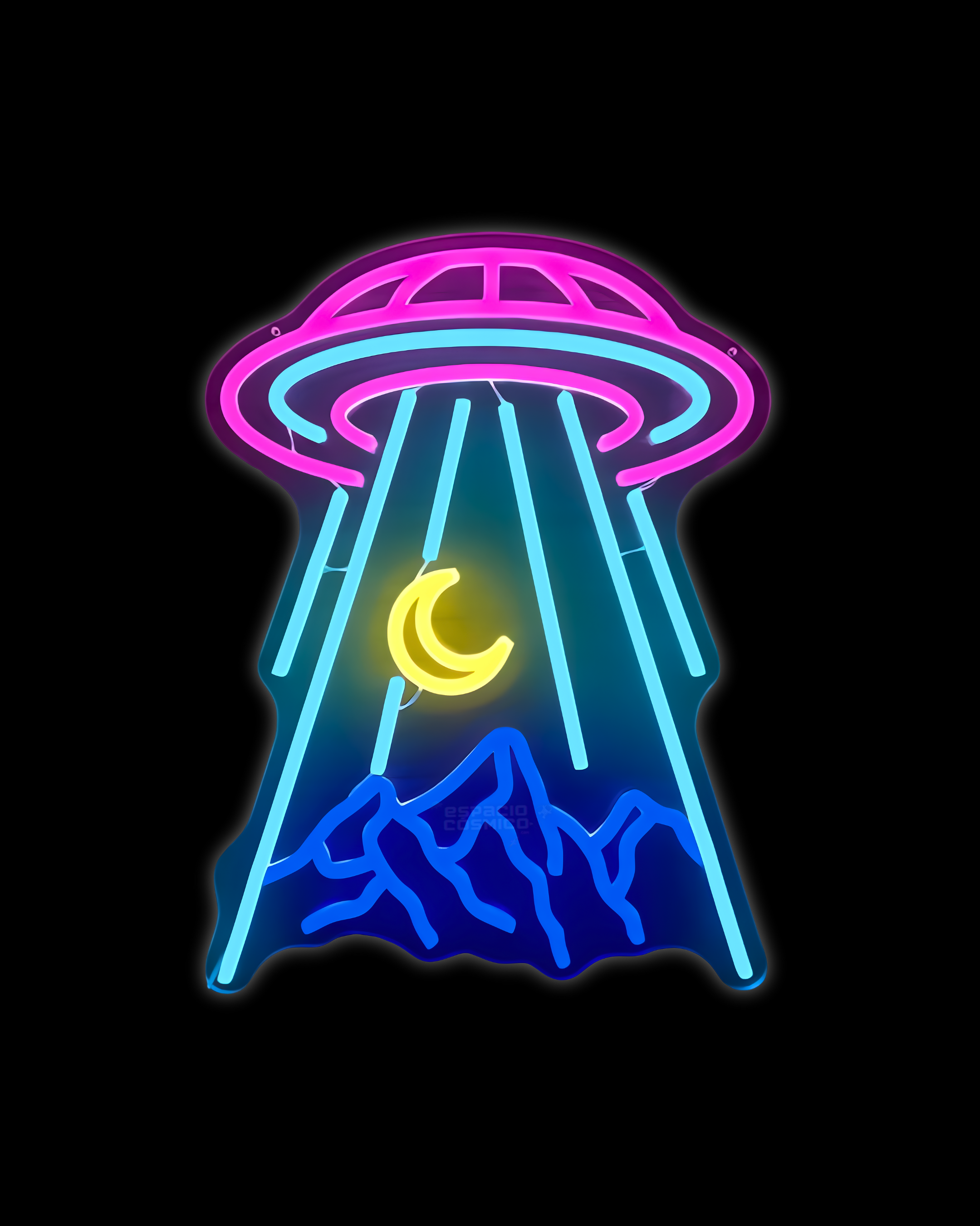 UFO hovering above a mountain landscape with a crescent moon