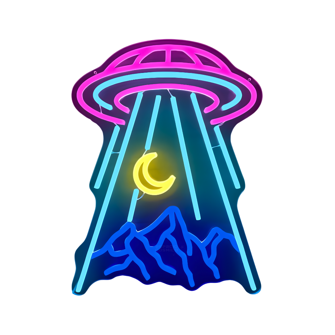 Mountain UFO neon light turned on, front view, alien landscape decorative neon light