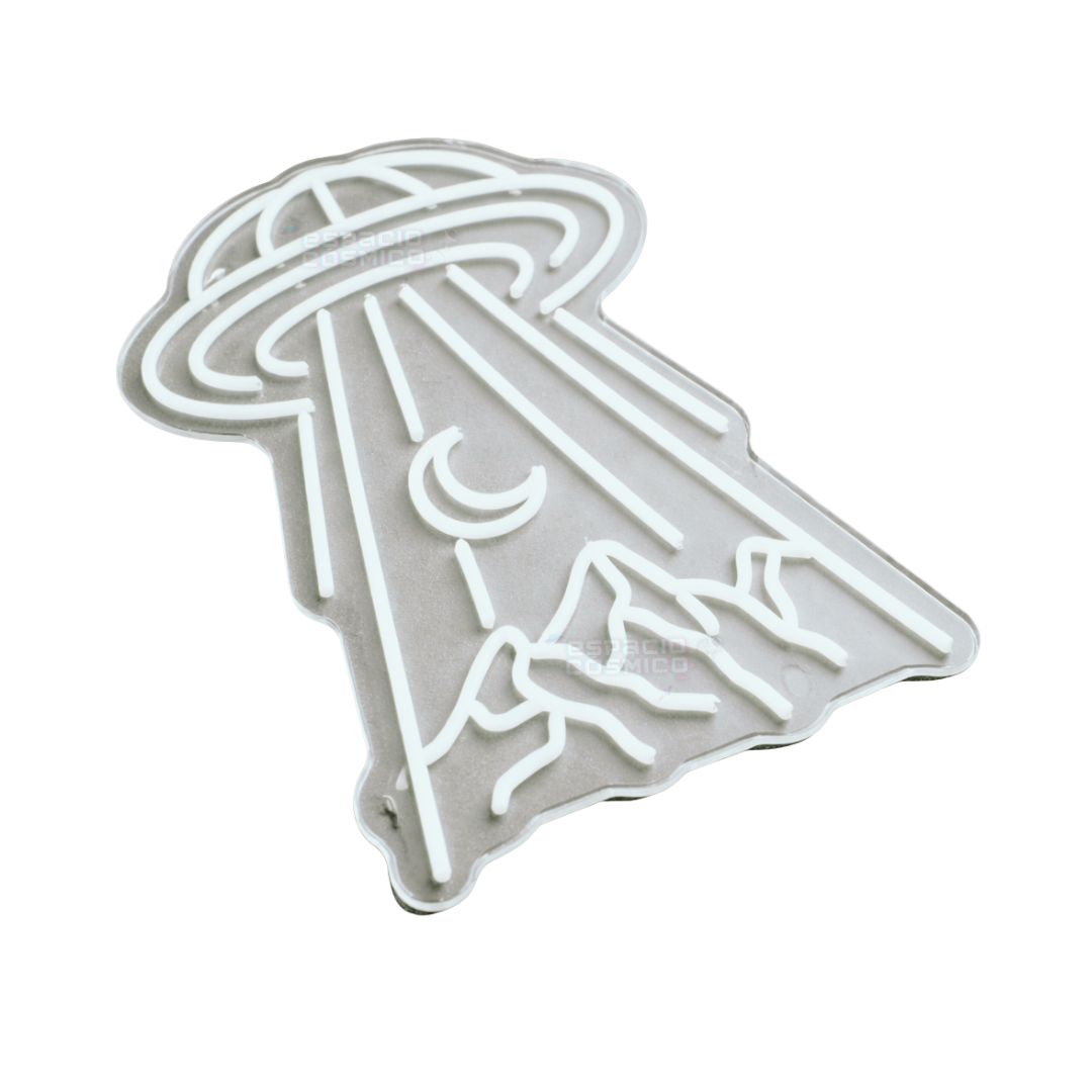 Mountain UFO neon light turned off, decorative design without illumination