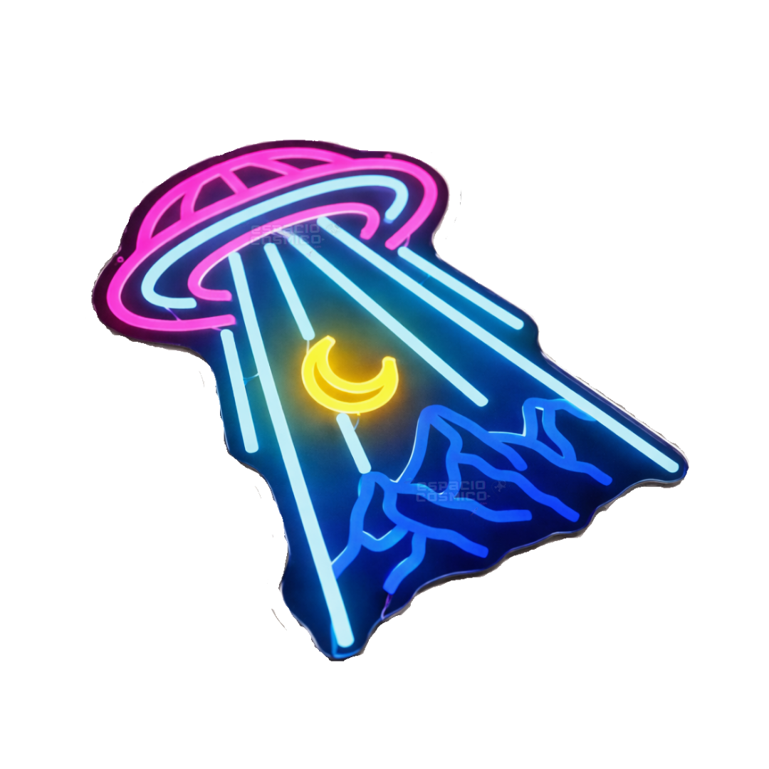 Mountain UFO neon light viewed in a reclined position, perspective of relief and lighting