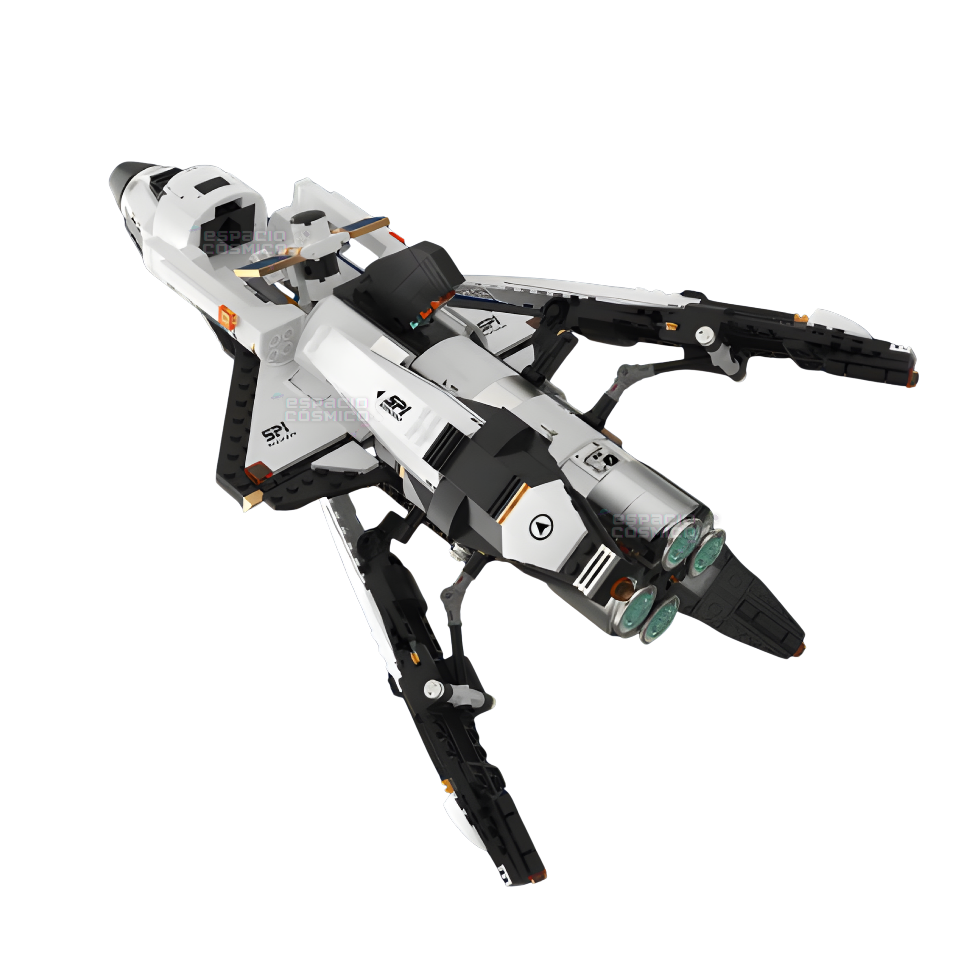 Space shuttle building blocks set floating with rear propulsion section open