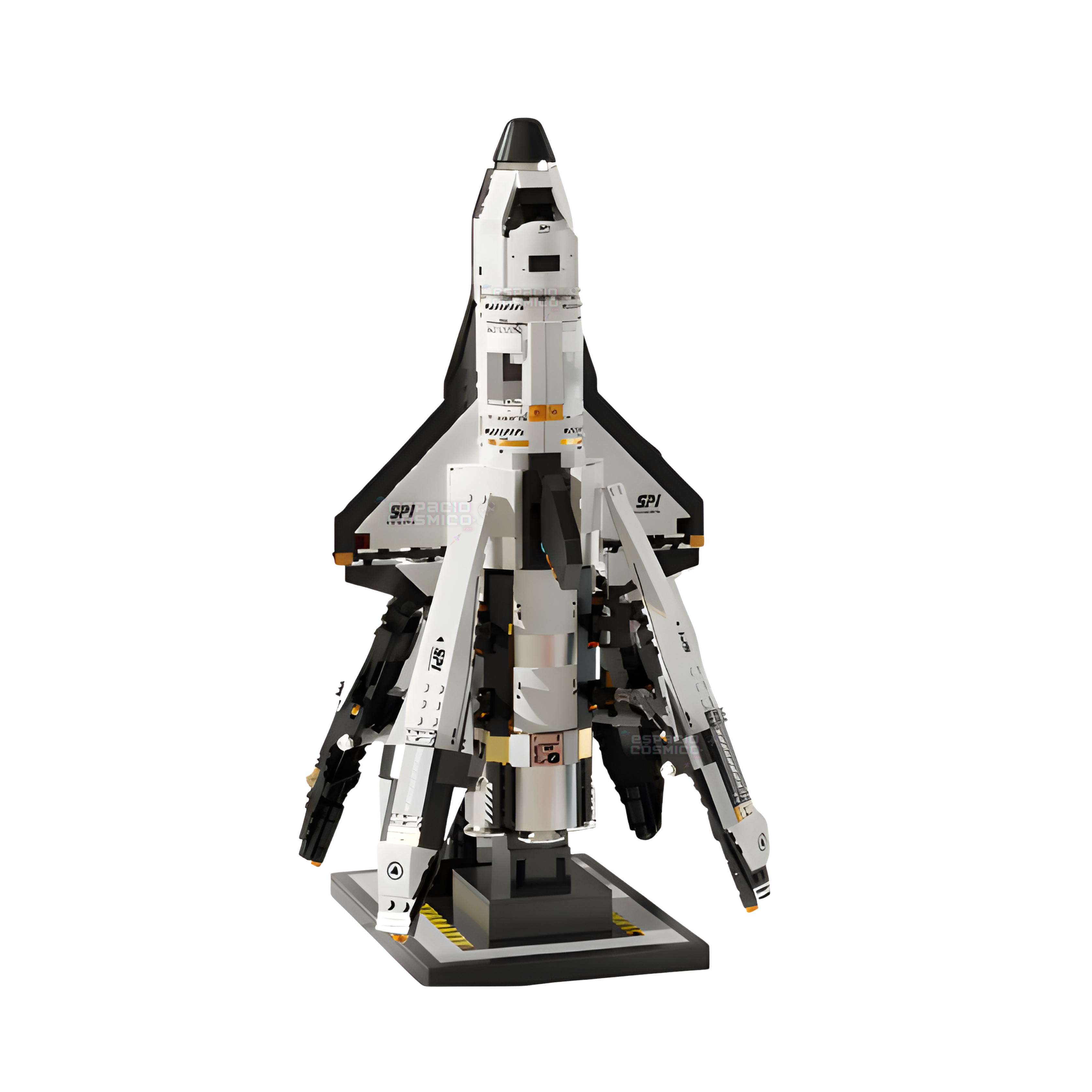 Space shuttle building blocks set pointing upward with open cargo and engine sections