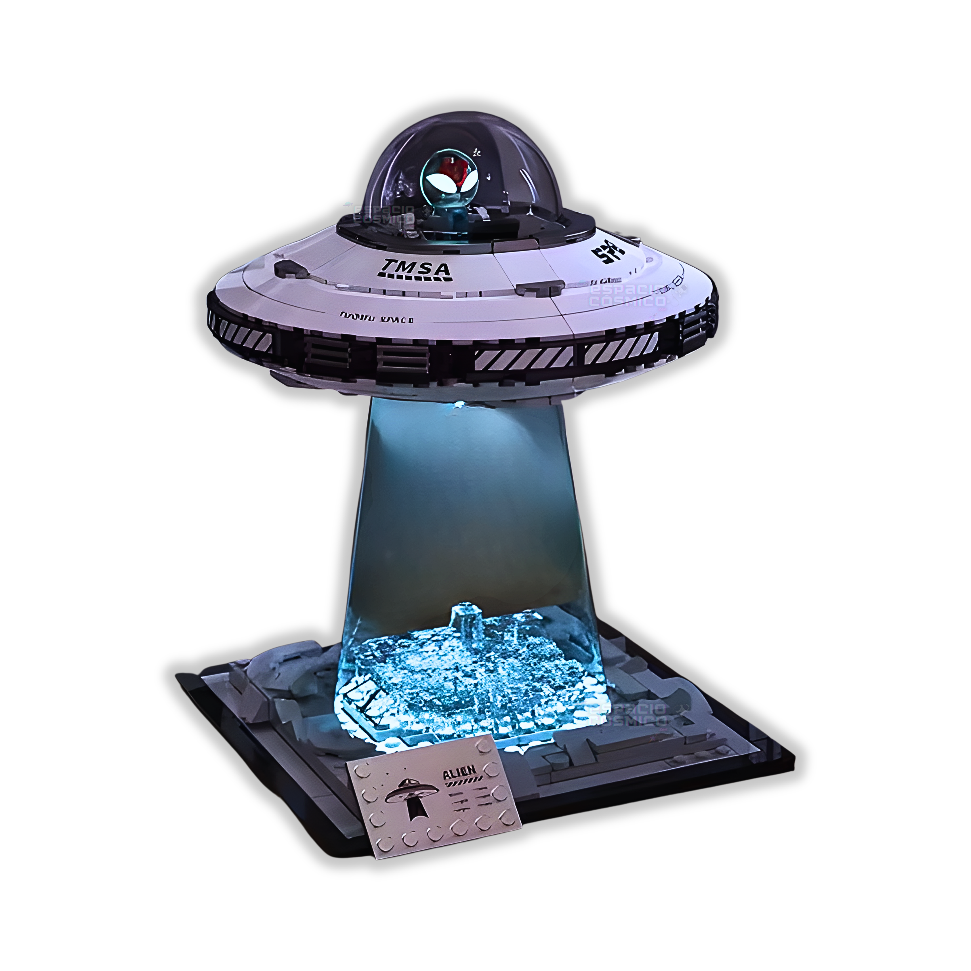 UFO building blocks set with LED lights turned on, glowing alien spacecraft