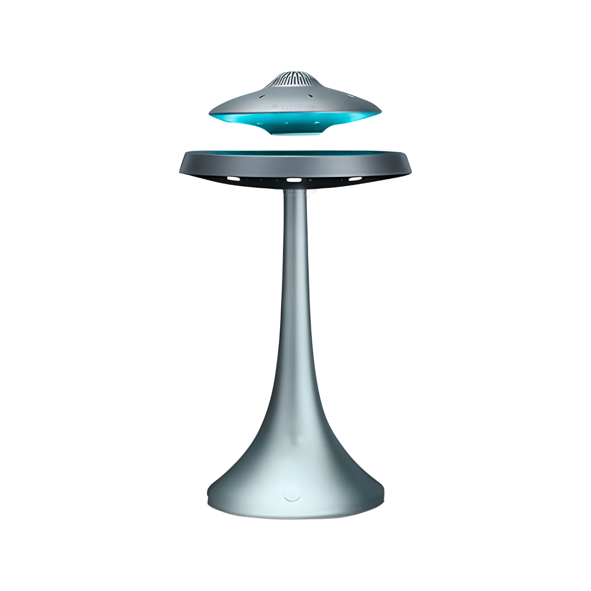 UFO levitating speaker floating above its magnetic base with silent rotation