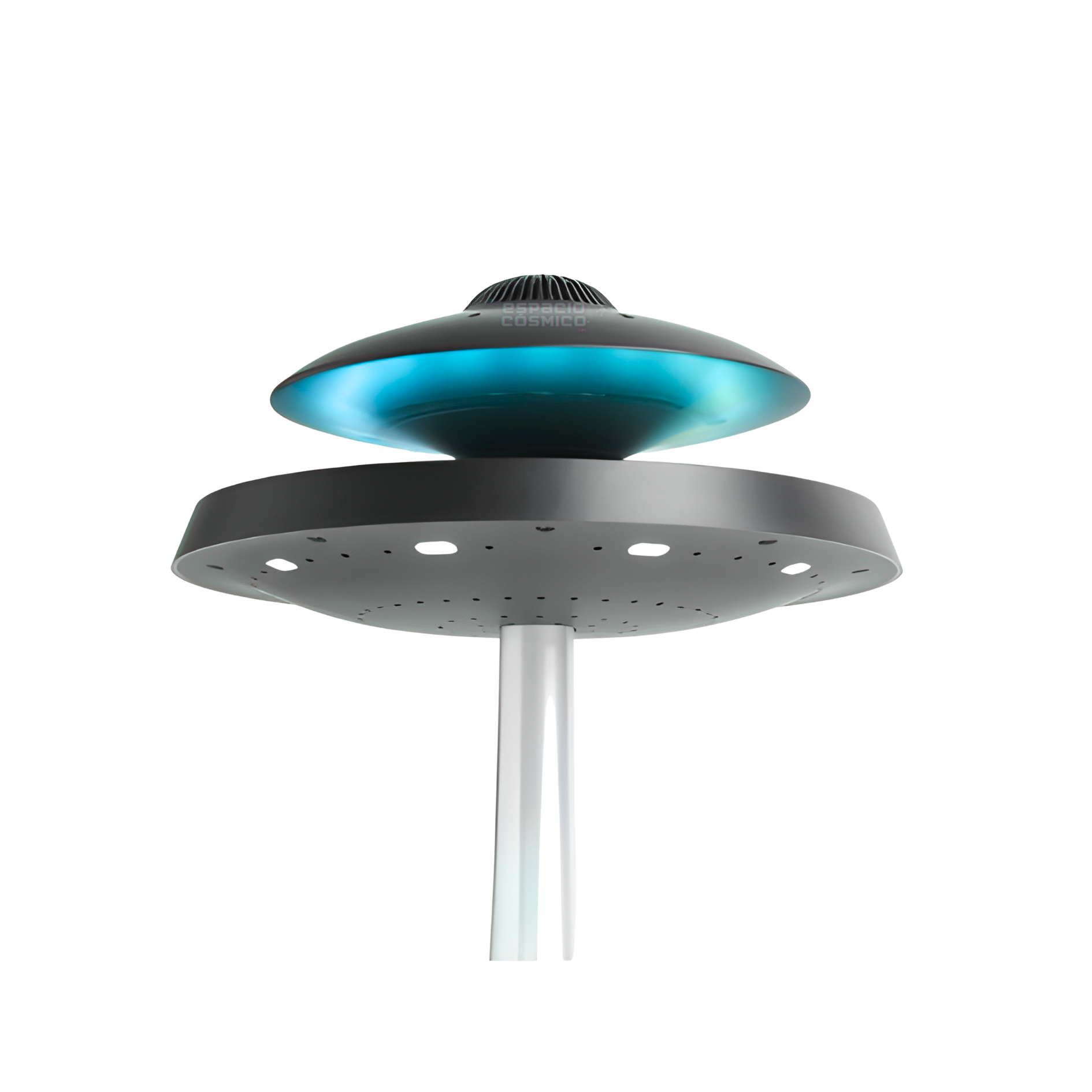 Front view of the UFO levitating speaker showing floating design and RGB light