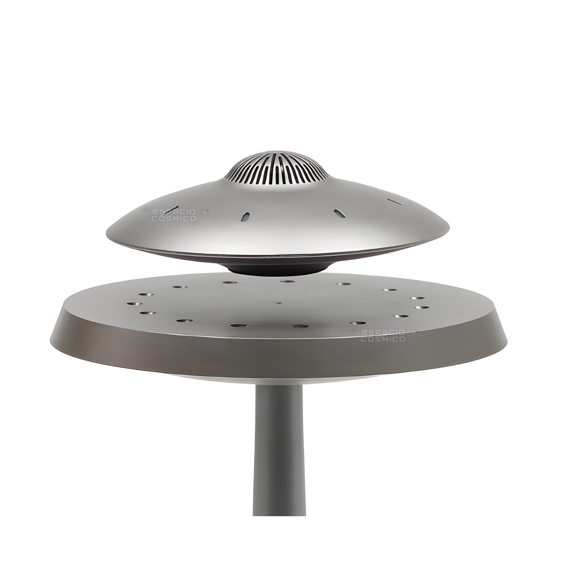 Side view of the UFO levitating speaker levitating above the magnetic base